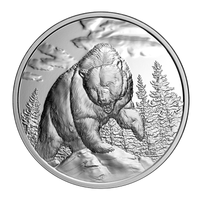 A picture of a 2023 $20 Ultra-High Relief Fine Silver Coin - Great Hunters: Grizzly Bear